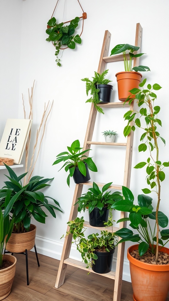 A wooden ladder displaying various potted plants, including leafy greens and small succulents.