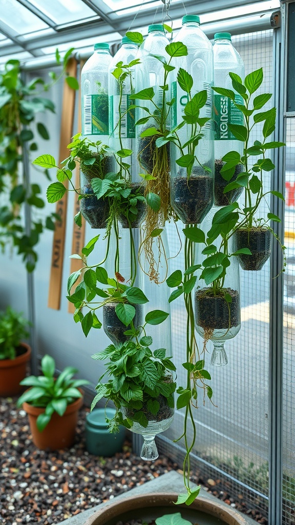 Vertical garden made from plastic bottles with various plants