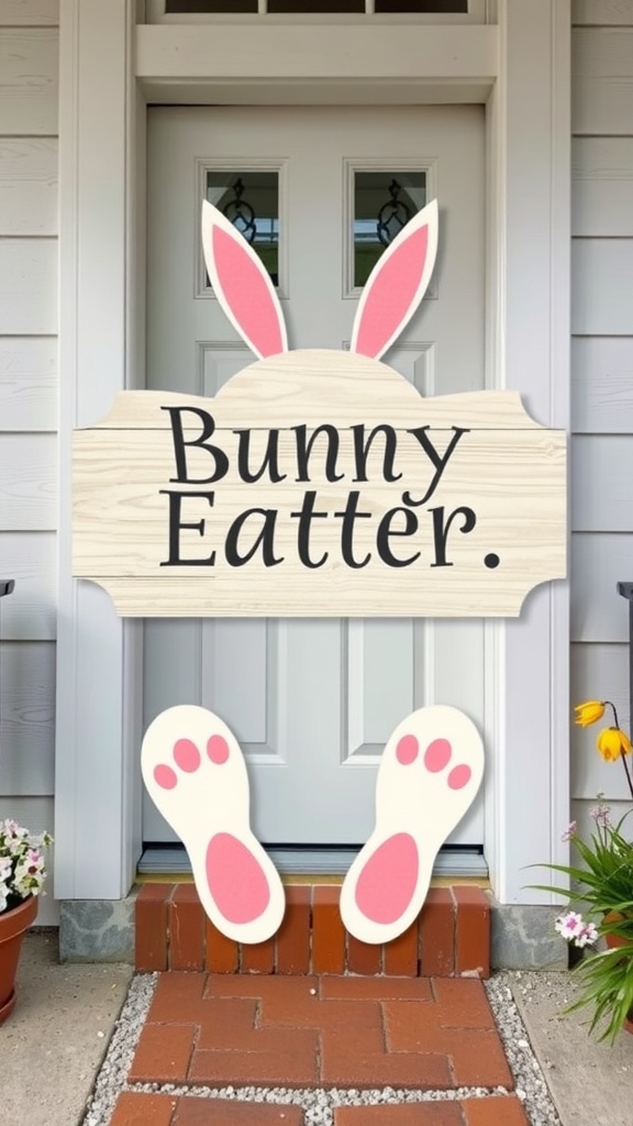 A playful Easter door sign with bunny ears and feet, saying 'Bunny Eatter'.