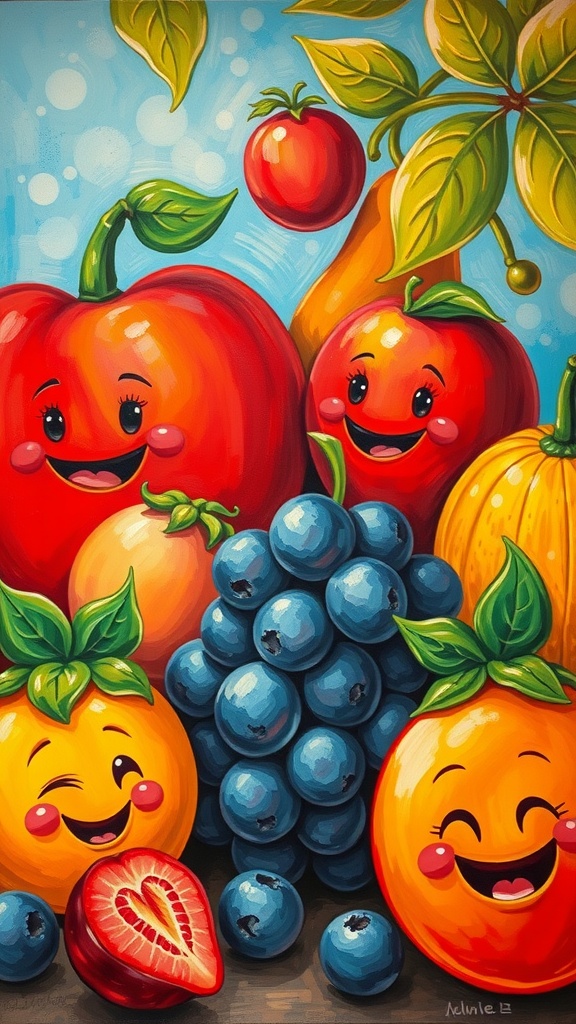 Colorful painting of happy fruit characters, including oranges, strawberries, and blueberries.