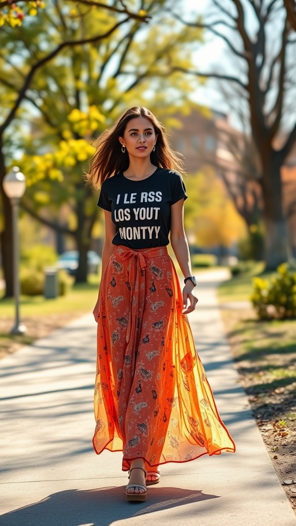 A young woman walking in a park wearing a graphic tee and a colorful maxi skirt.