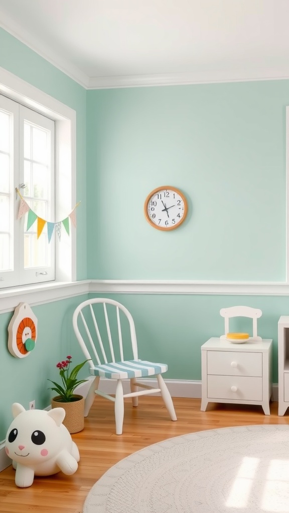 A playful mint green room with white trim and chair rail, featuring a striped chair and cute decor.