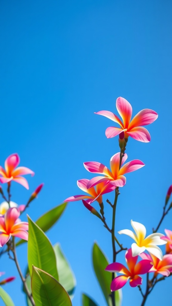 Vibrant Plumeria flowers against a clear blue sky.