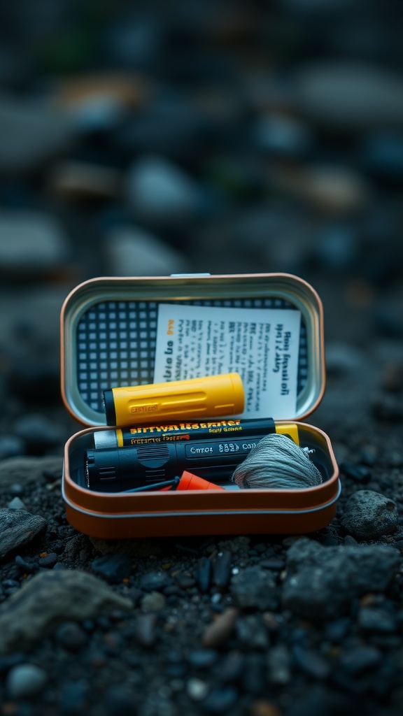 An open Altoid tin with survival items like a flashlight, thread, and small tools.