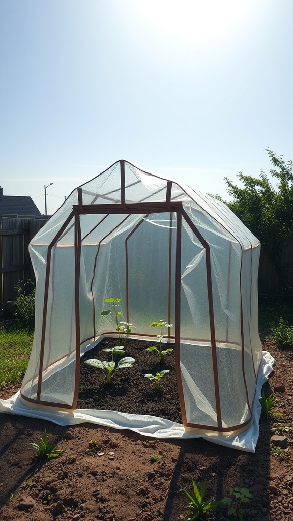 A portable fabric greenhouse with plants inside, set against a clear blue sky.