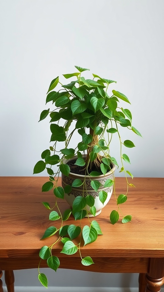 A vibrant Pothos plant in a decorative pot on a wooden table.