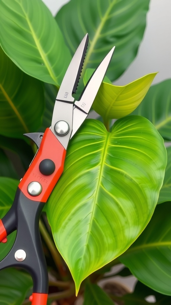 Close-up of pruning scissors next to green Monstera leaves.