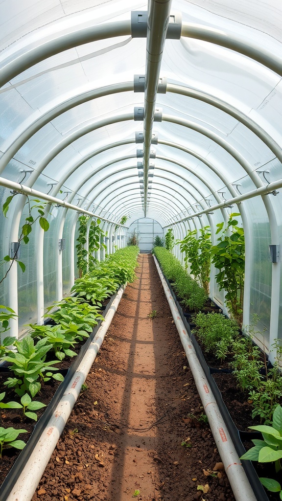 Interior view of a PVC pipe tunnel greenhouse with rows of plants and a clear plastic cover.