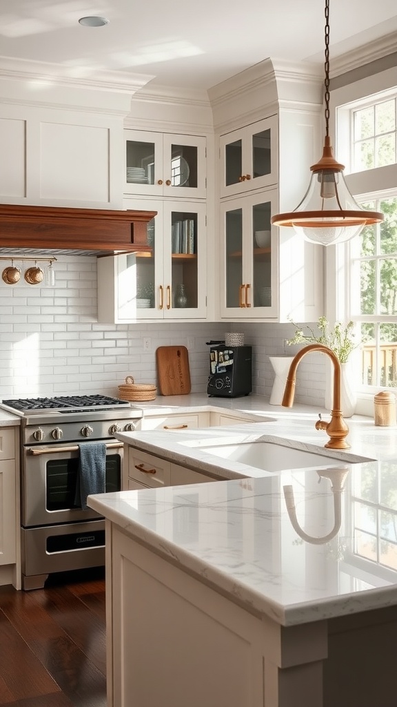 A bright and elegant Craftsman kitchen featuring white quartz countertops, wooden cabinets, and copper fixtures.