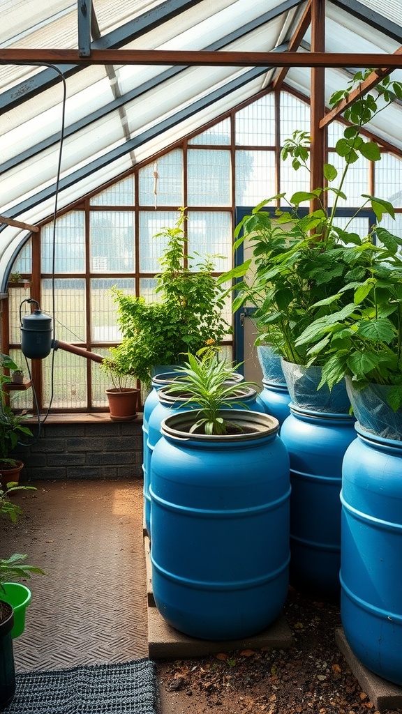 A greenhouse with blue rainwater barrels and lush green plants.