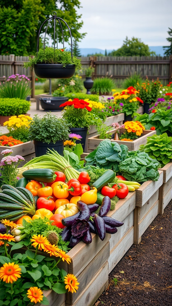 Colorful edibles in raised garden beds with flowers and vegetables.