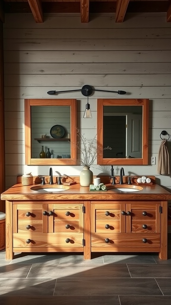 A reclaimed wood double sink vanity with two sinks, surrounded by mirrors and warm decor.