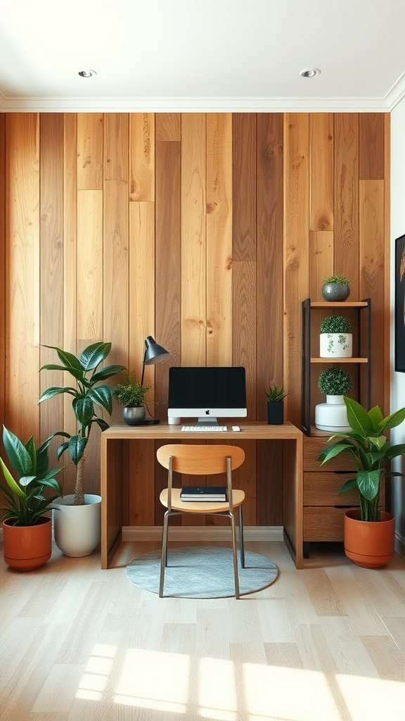 A stylish home office featuring reclaimed wood wall paneling and indoor plants.