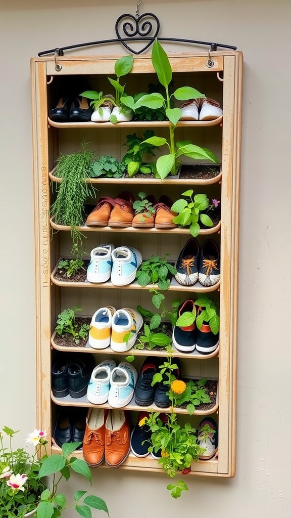 Vertical garden created from a recycled shoe organizer with various plants.