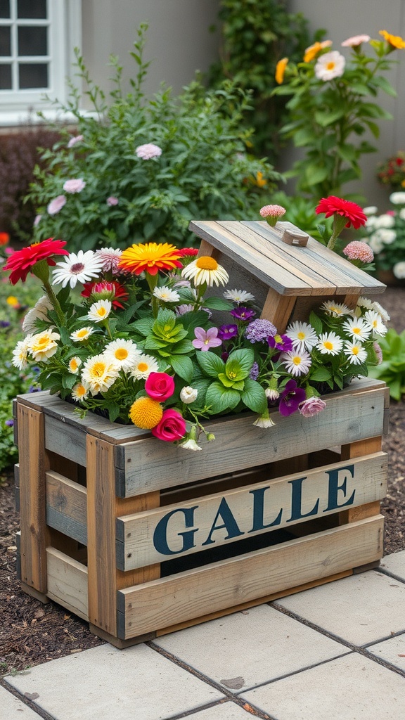 A colorful wooden crate planter filled with various flowers, sitting in a garden