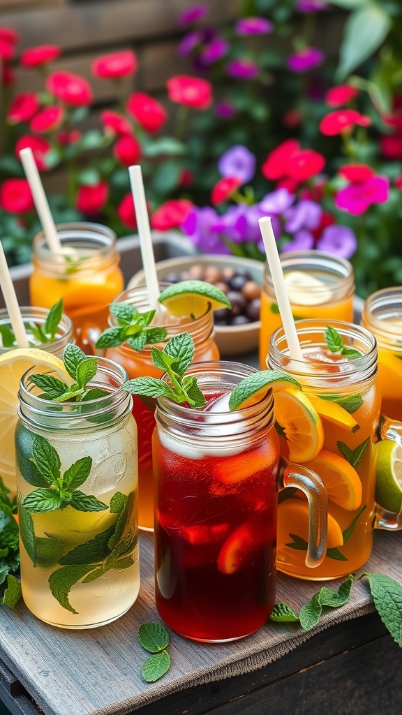 Assorted herbal iced teas in mason jars with fresh mint and fruit slices, surrounded by colorful flowers.