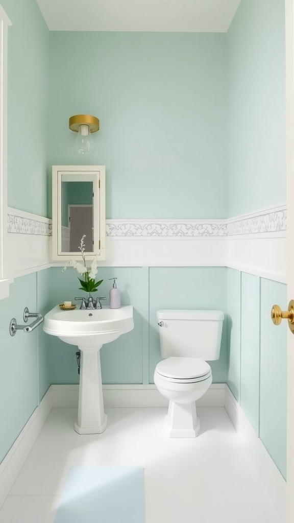 A bathroom featuring mint green walls with a white chair rail, complemented by simple decor.