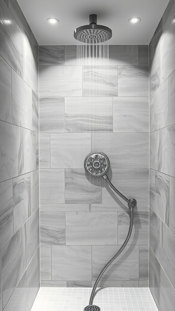 A sleek shower nook featuring a rainfall showerhead and elegant tiles.