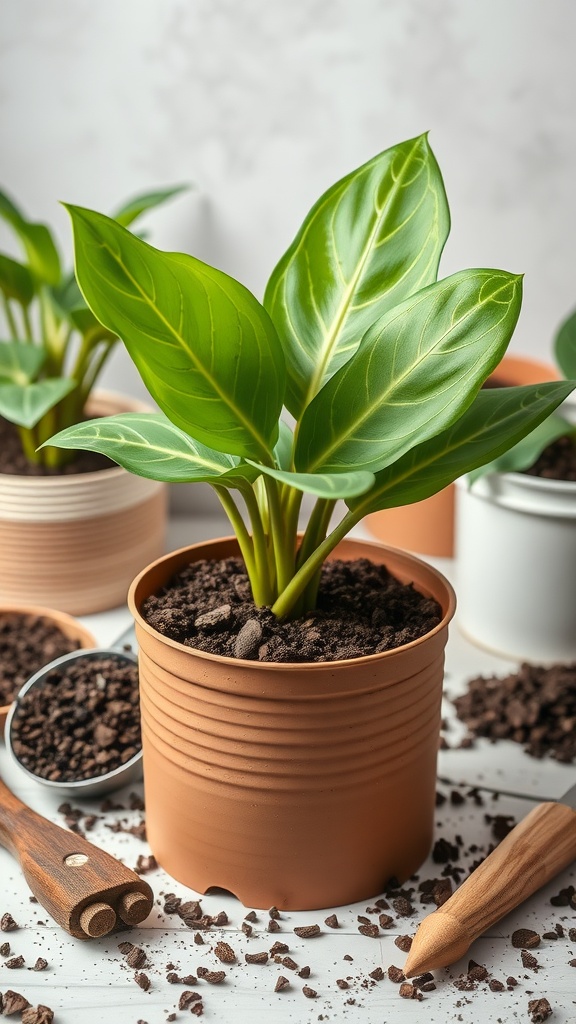 A close-up of a potted Monstera plant with rich green leaves, surrounded by gardening tools and soil.