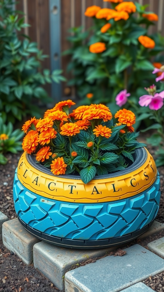 A colorful repurposed tire planter box filled with bright orange flowers in a garden