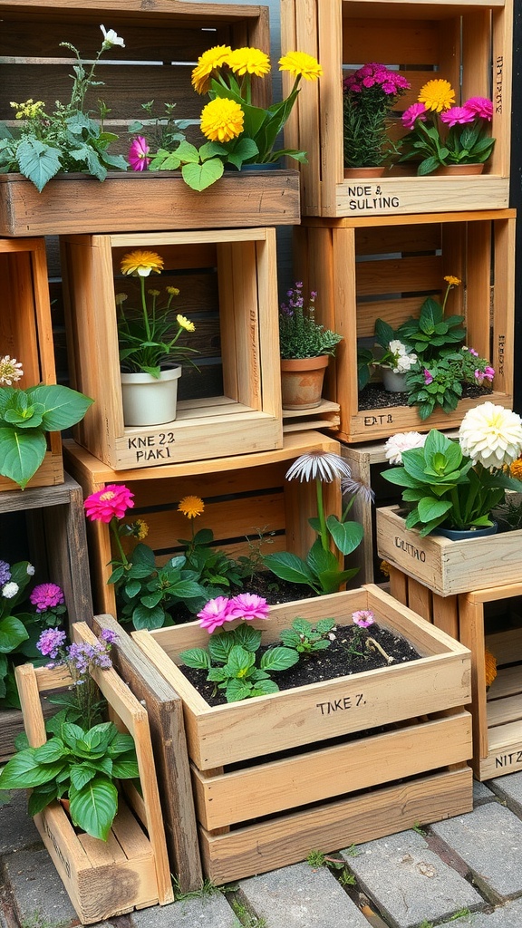 Colorful flowers in repurposed wooden crates arranged in a mini garden