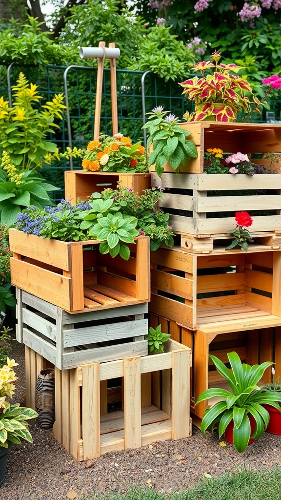 A collection of colorful plants in stacked wooden crates in a garden.