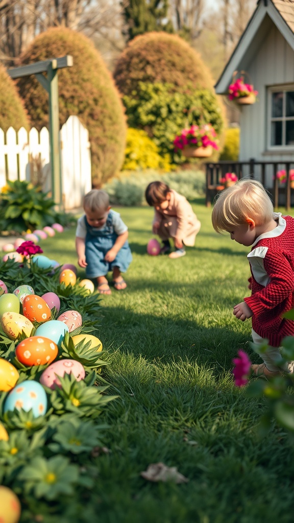 Children enjoying a vintage Easter egg hunt in a garden