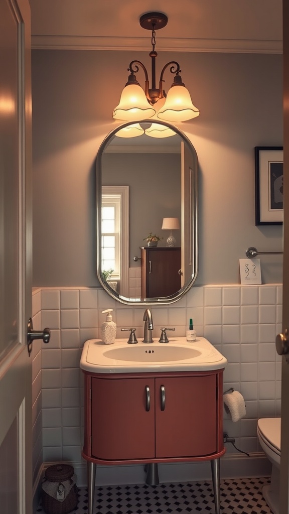 A vintage-style bathroom featuring a reddish-orange vanity, round mirror, and warm lighting.