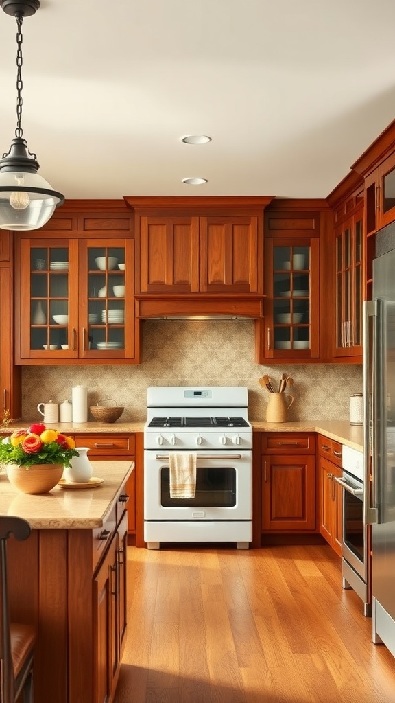 A cozy kitchen featuring rich wood cabinetry, warm flooring, and modern appliances