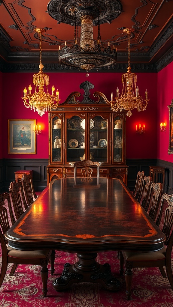 Richly colored Victorian dining room with ornate chandeliers and a polished table.