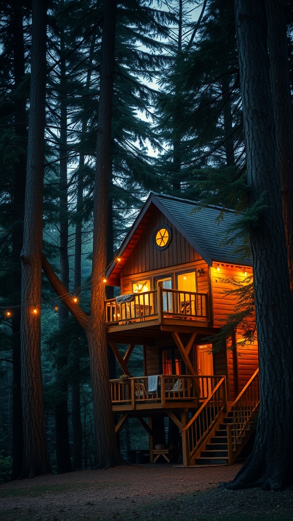 A cozy wooden treehouse nestled among tall trees, illuminated warmly in the evening.