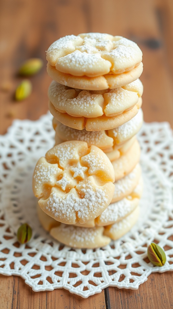 A stack of rosewater and pistachio cookies dusted with powdered sugar on a lace doily.