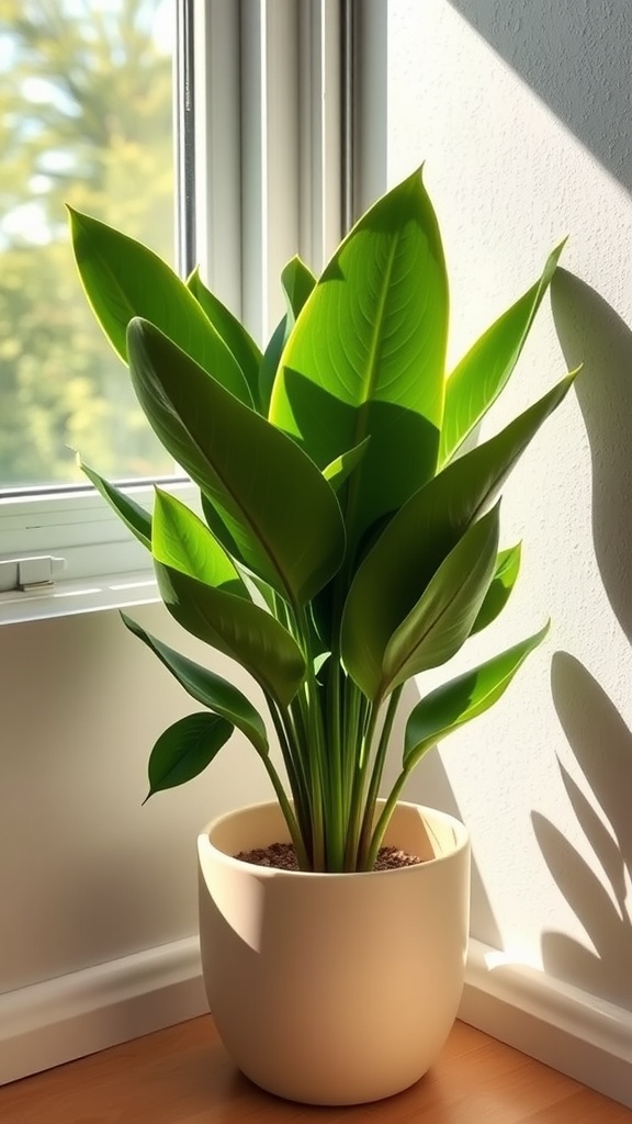 A rubber plant with large glossy leaves in a light-colored pot, positioned near a window.