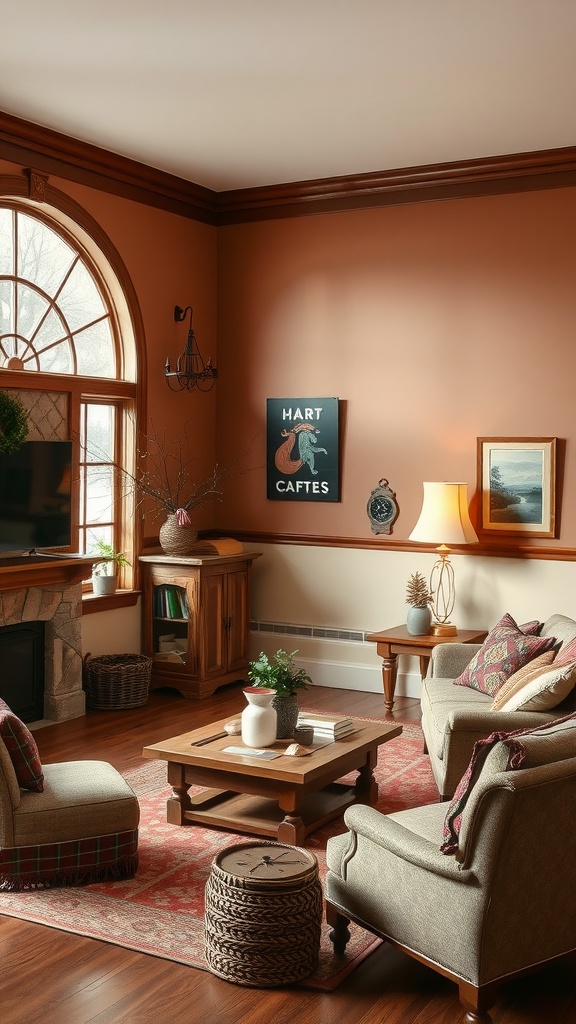 A cozy living room with rustic brown and cream walls featuring a chair rail, creating a warm atmosphere.