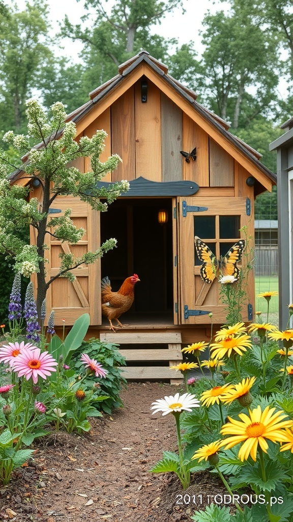 A rustic chicken coop with a garden filled with colorful flowers, including daisies and other plants, and a chicken at the entrance.