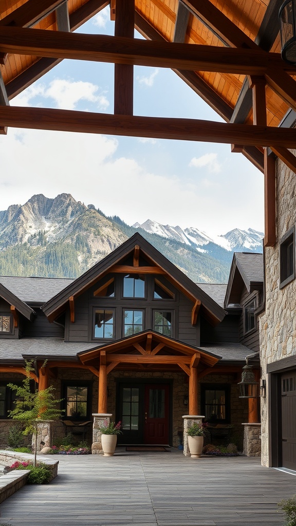 Craftsmen home with wooden beams and stone accents, surrounded by mountains.