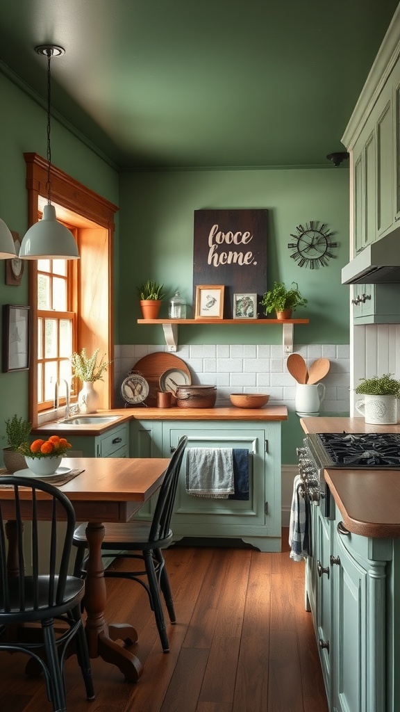 Kitchen featuring rustic green walls with natural wood accents