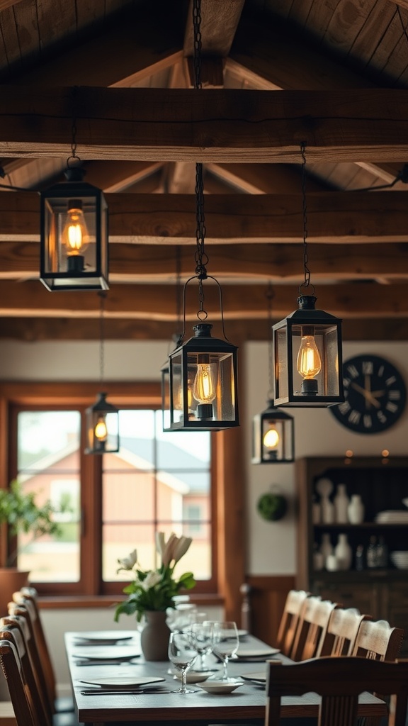 A cozy dining room featuring rustic lantern light fixtures hanging from the ceiling.