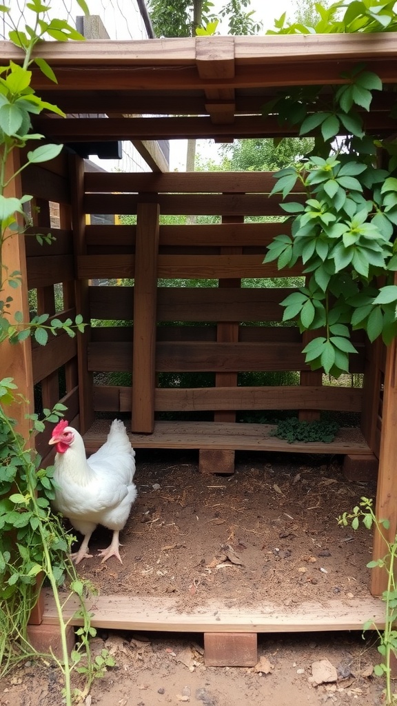 A rustic chicken pen made from wooden pallets, featuring a white chicken and green plants.