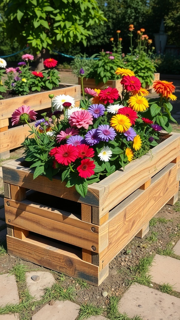 A rustic wooden pallet planter box filled with colorful flowers in a sunny garden.