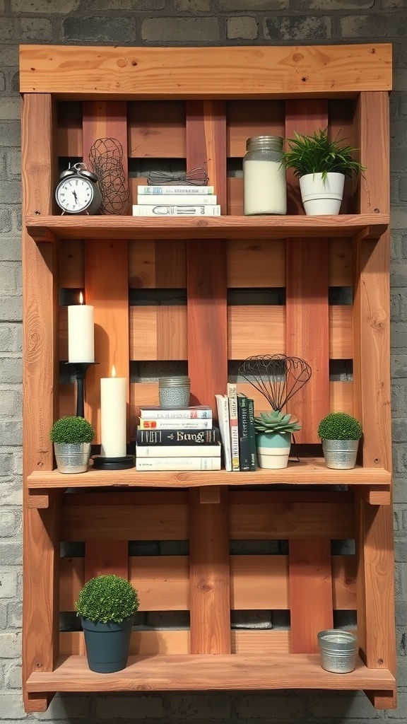 A rustic pallet shelf decor with plants, books, a clock, and a candle.