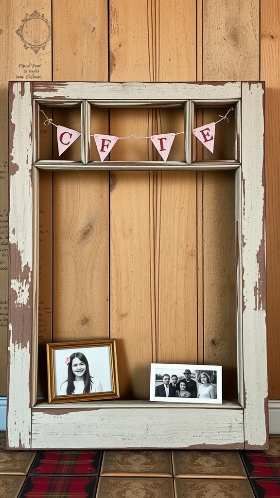 A rustic picture frame made from an old window, featuring pink banners and photographs.