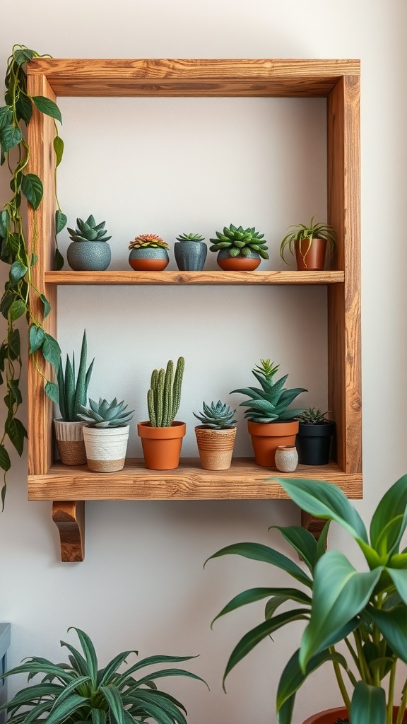 A rustic wooden shelf displaying various succulent plants in different pots.