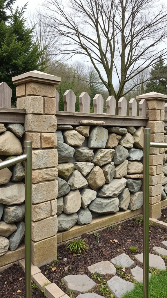 A rustic stone wall surrounded by greenery and a unique fence design.