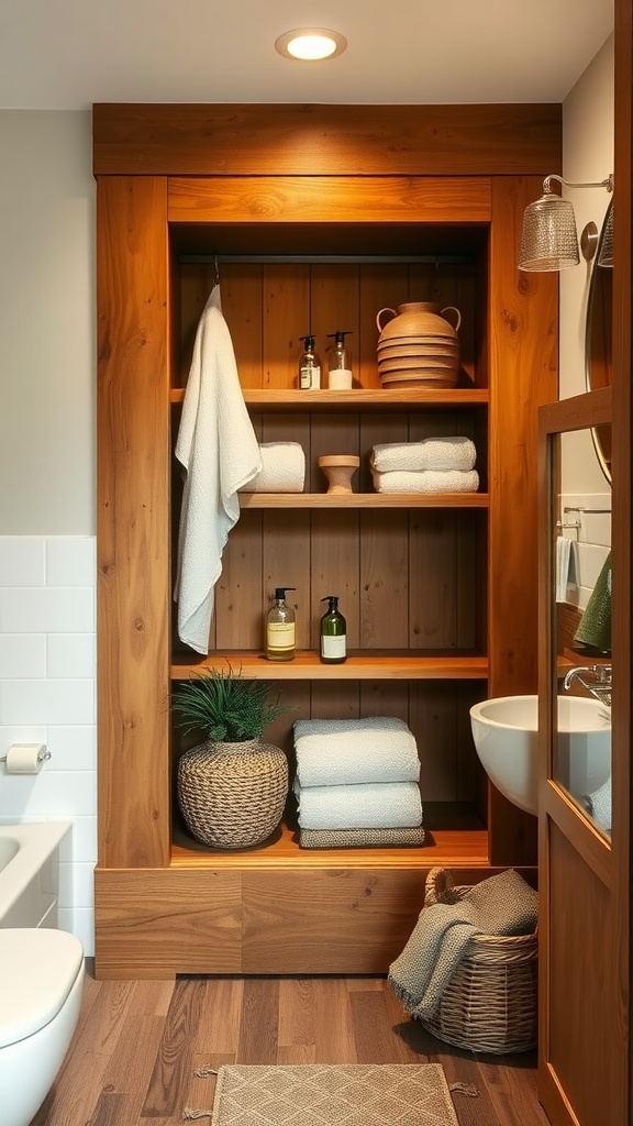 A rustic wood linen closet displaying neatly stacked towels and toiletries, with warm wood tones and decorative elements.