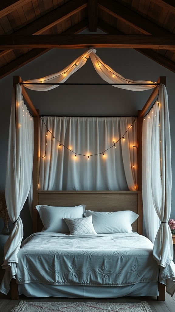 A rustic wood beam canopy over a bed, draped with soft fabric and string lights.