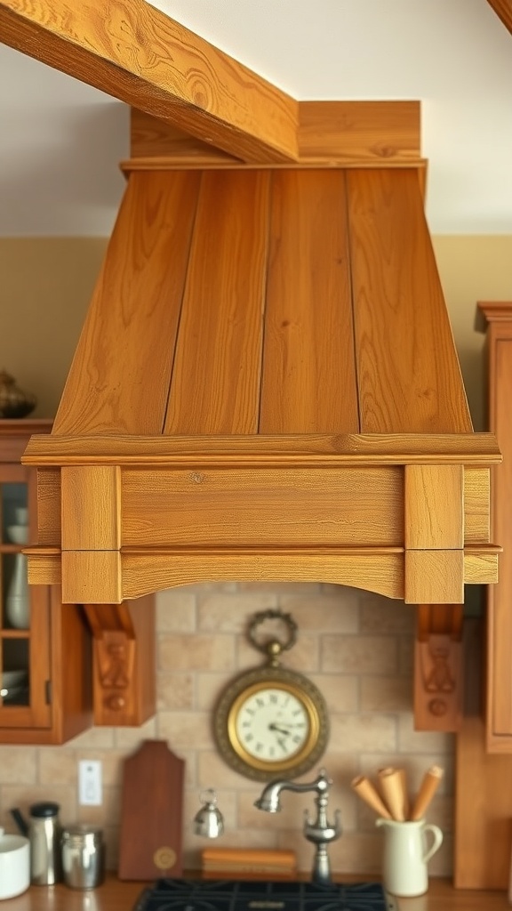 A rustic wood beam range hood above a stove in a warm-toned kitchen