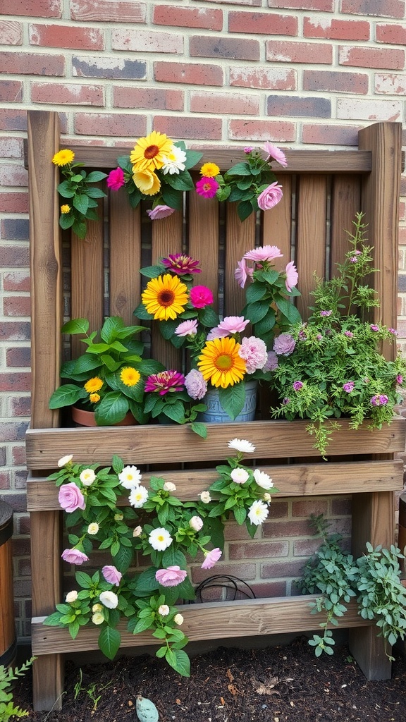 A rustic wood planter wall filled with colorful flowers and greenery against a brick wall.