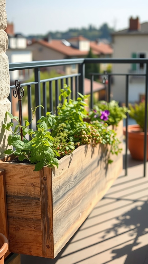 A rustic wooden herb planter box filled with green herbs on a balcony