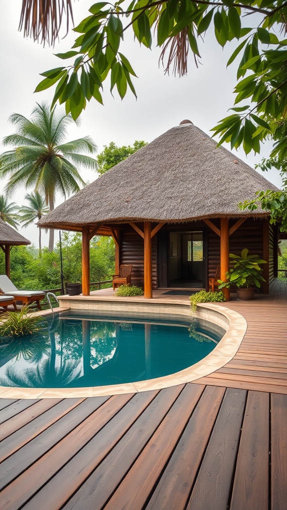 A rustic wooden pool house with a thatched roof beside a pool, surrounded by greenery.